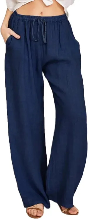 NEW YADEOU Womens Casual Fashion Lightweight Drawstring Elastic Waist Loose Wide Leg Linen Pants, Navy, Sz 4XL