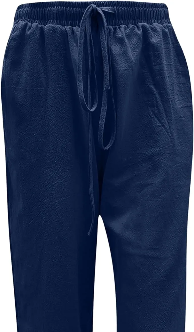 NEW YADEOU Womens Casual Fashion Lightweight Drawstring Elastic Waist Loose Wide Leg Linen Pants, Navy, Sz 4XL