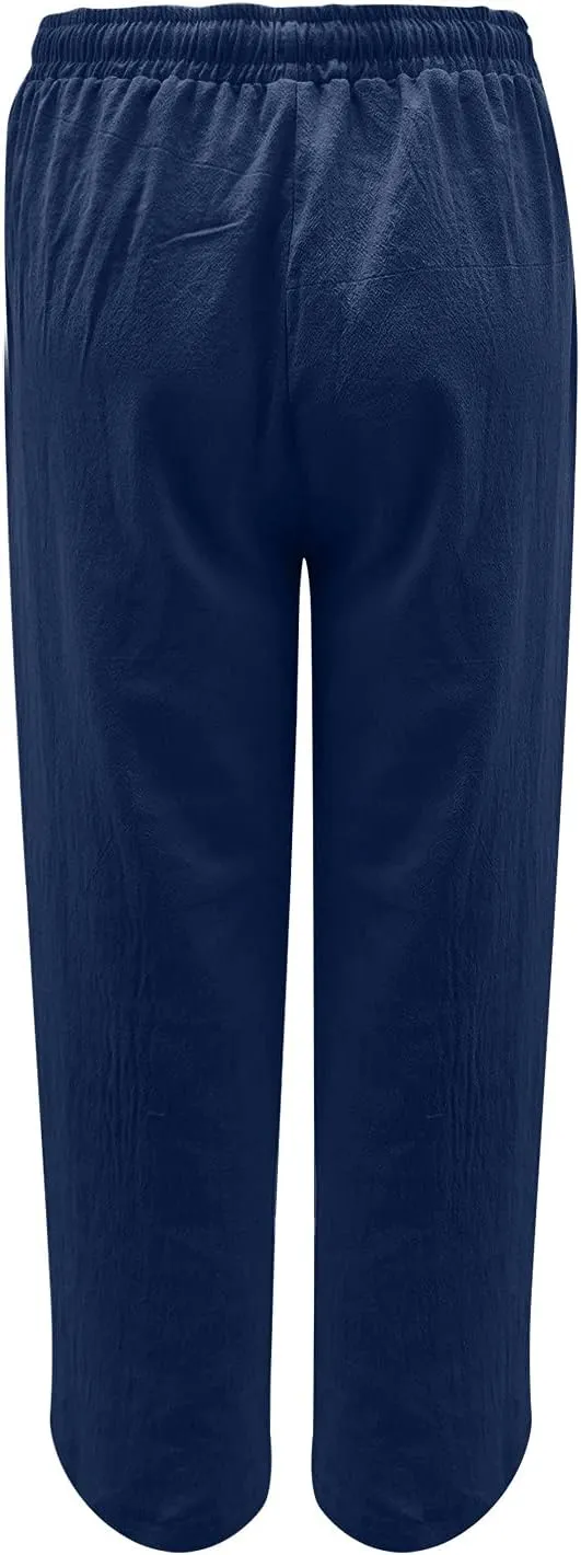 NEW YADEOU Womens Casual Fashion Lightweight Drawstring Elastic Waist Loose Wide Leg Linen Pants, Navy, Sz 4XL