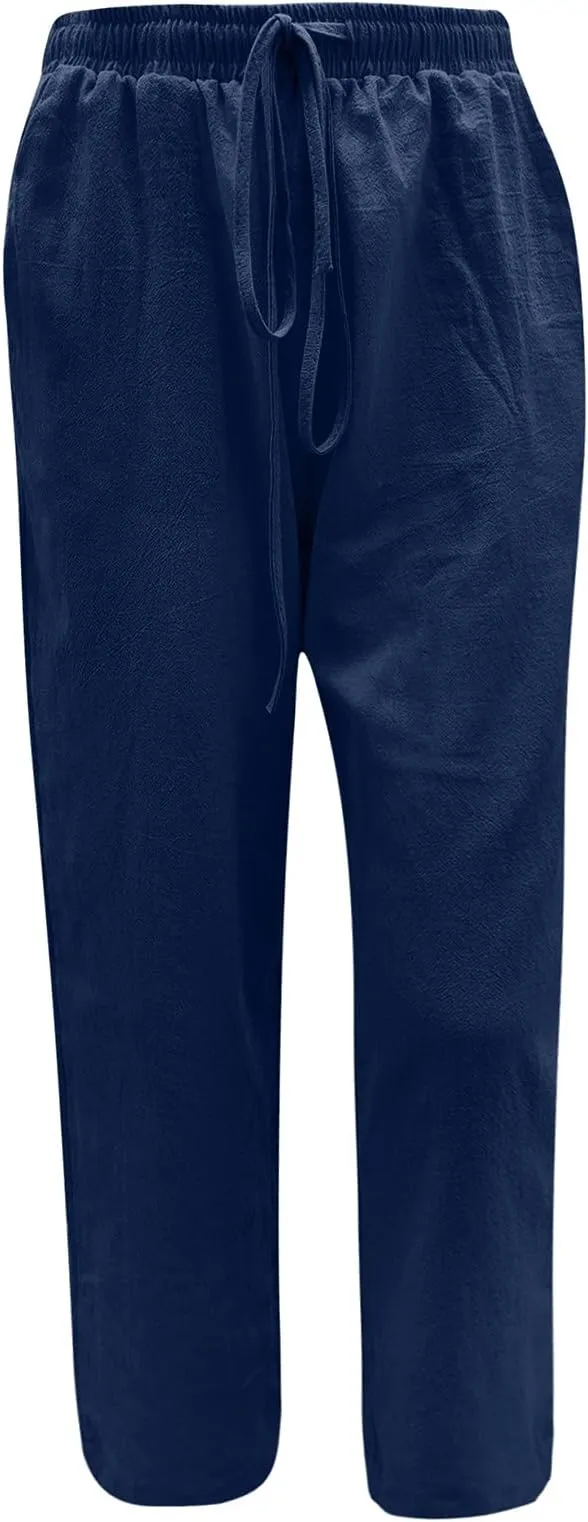 NEW YADEOU Womens Casual Fashion Lightweight Drawstring Elastic Waist Loose Wide Leg Linen Pants, Navy, Sz 4XL