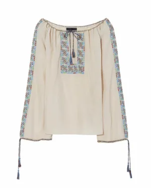 Nili Lotan Diandra Embroidered Blouse in Khaki