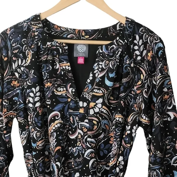 NWT Vince Camuto Printed Balloon-Sleeve Belted Dress Black Multi Size 8/M