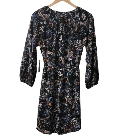 NWT Vince Camuto Printed Balloon-Sleeve Belted Dress Black Multi Size 8/M