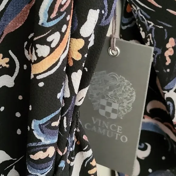 NWT Vince Camuto Printed Balloon-Sleeve Belted Dress Black Multi Size 8/M