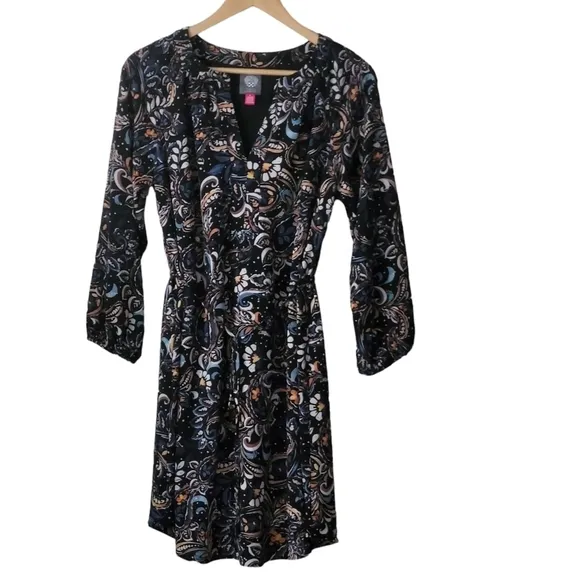 NWT Vince Camuto Printed Balloon-Sleeve Belted Dress Black Multi Size 8/M