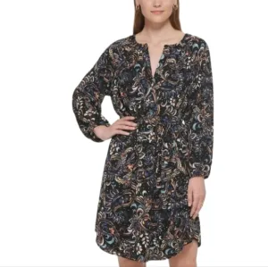 NWT Vince Camuto Printed Balloon-Sleeve Belted Dress Black Multi Size 8/M