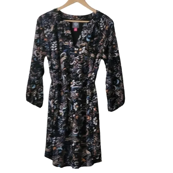 NWT Vince Camuto Printed Balloon-Sleeve Belted Dress Black Multi Size 8/M
