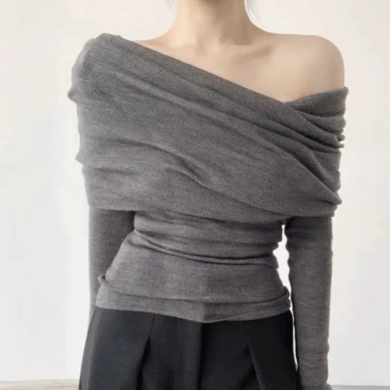 off-Shoulder off-Neck Black Short Tops Bottoming Shirt