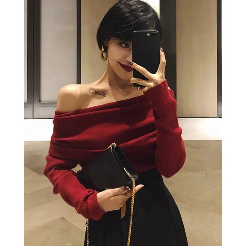 off-Shoulder off-Neck Black Short Tops Bottoming Shirt