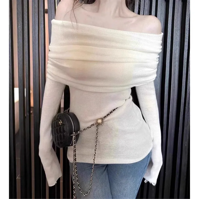 off-Shoulder off-Neck Black Short Tops Bottoming Shirt