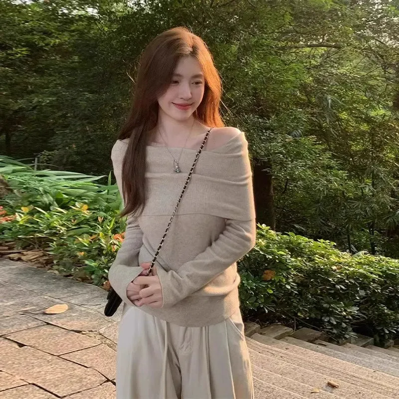 off-Shoulder off-Neck Black Short Tops Bottoming Shirt