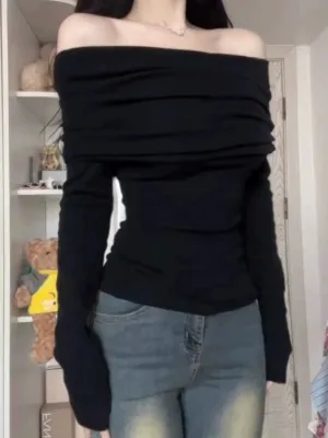 off-Shoulder off-Neck Black Short Tops Bottoming Shirt