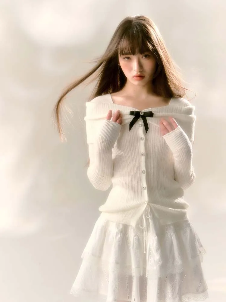Off Shoulder Style Ribbon Bijou Knit Sew【s0000007366】