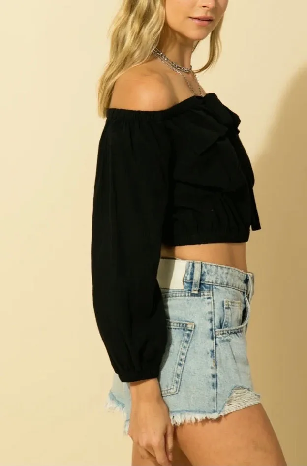 Off the Shoulder Key Hole Long Sleeve Crop Top