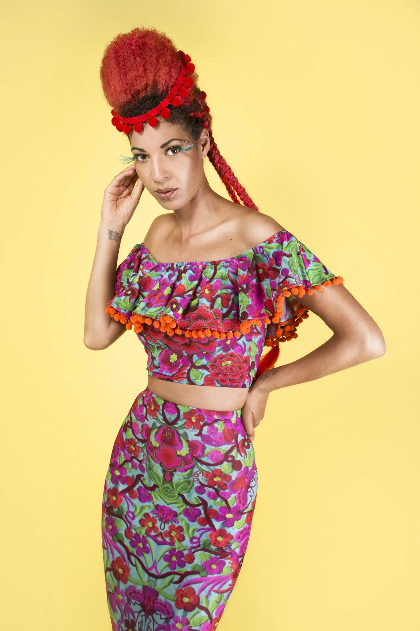 Off-The-Shoulder Pom Pom Frill Crop Top in Folklorico