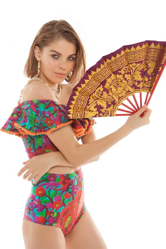 Off-The-Shoulder Pom Pom Frill Crop Top in Folklorico