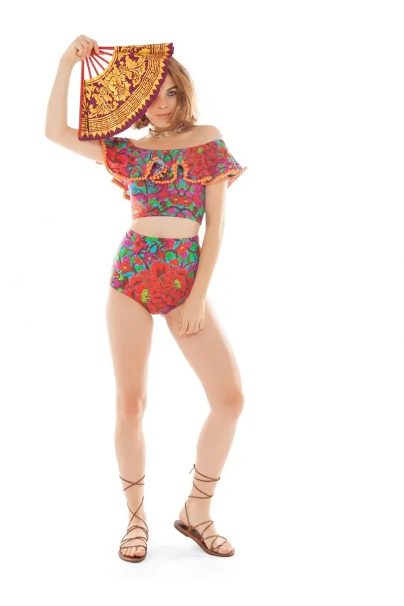 Off-The-Shoulder Pom Pom Frill Crop Top in Folklorico