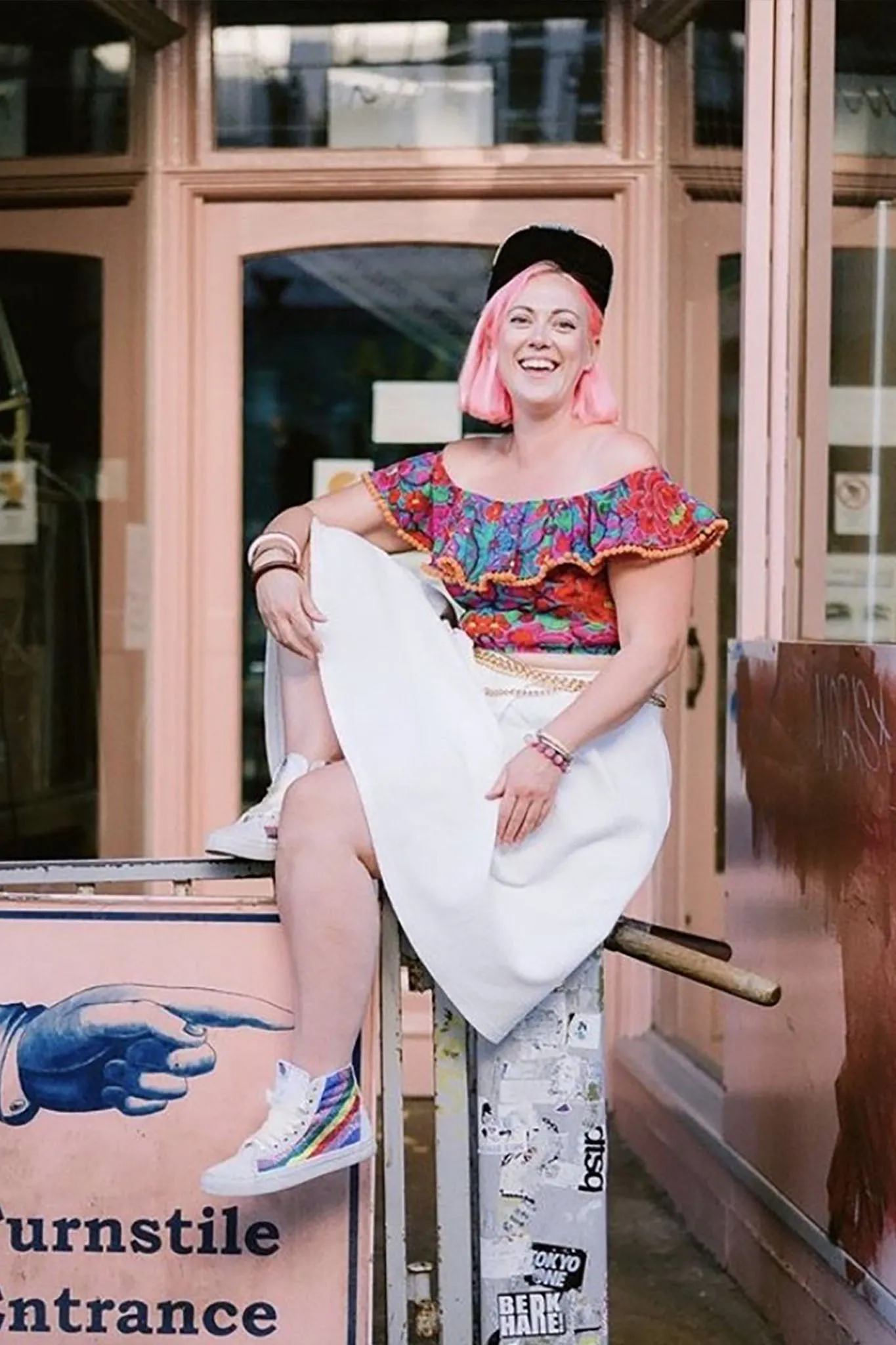 Off-The-Shoulder Pom Pom Frill Crop Top in Folklorico