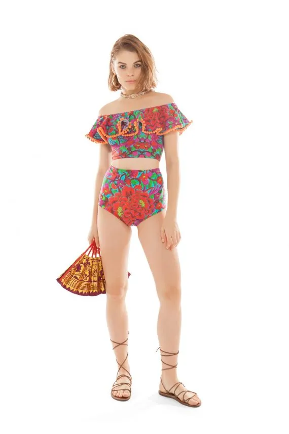 Off-The-Shoulder Pom Pom Frill Crop Top in Folklorico