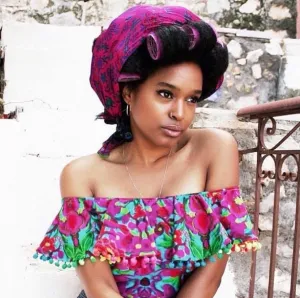 Off-The-Shoulder Pom Pom Frill Crop Top in Folklorico