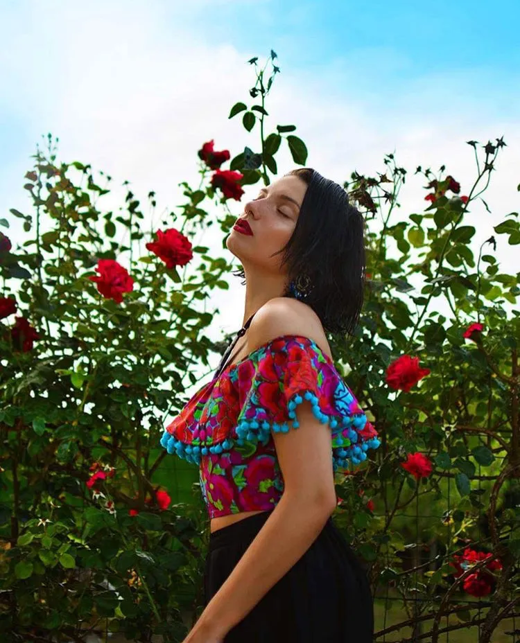 Off-The-Shoulder Pom Pom Frill Crop Top in Folklorico