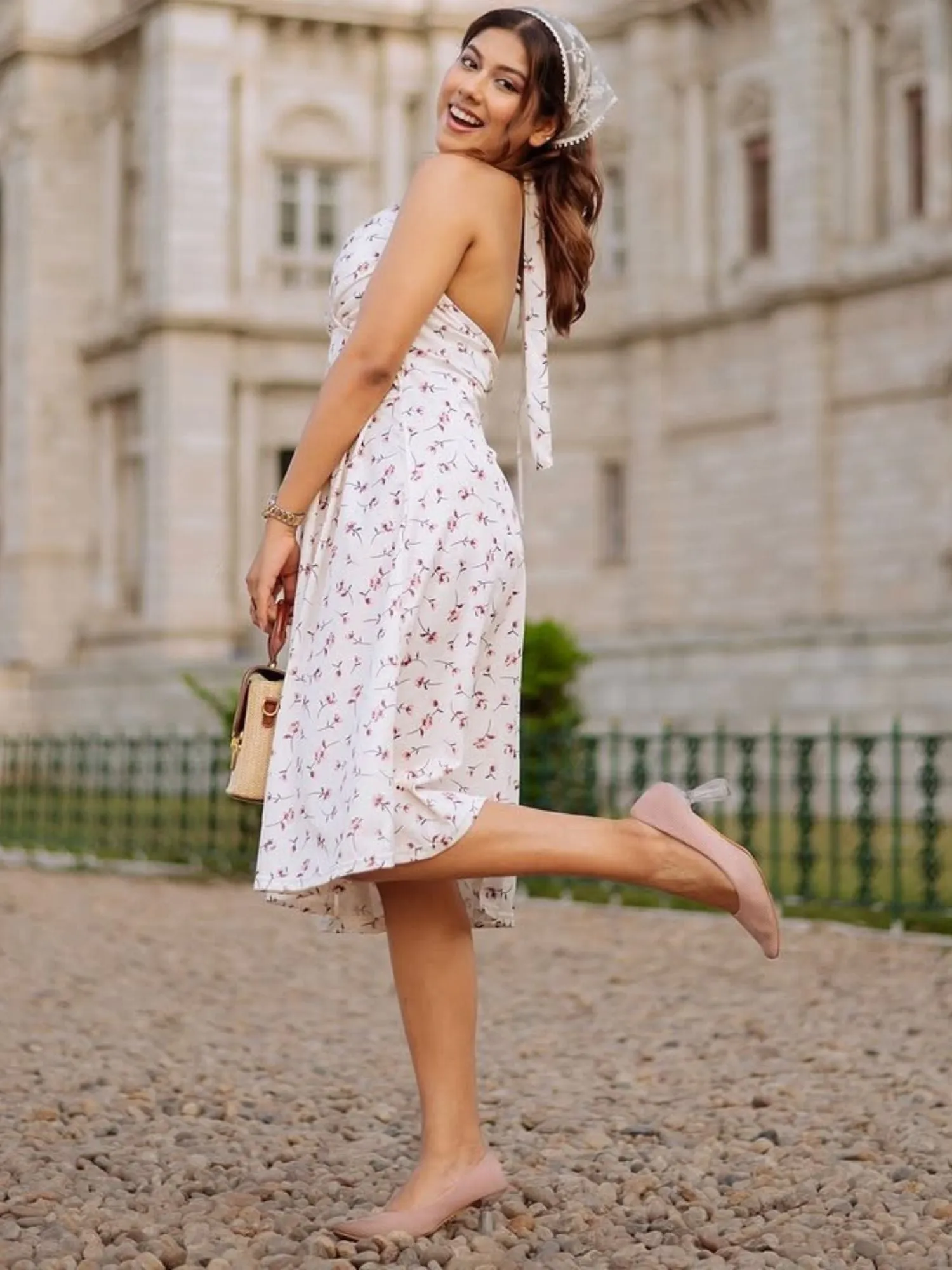 Off White Halter Dress With Floral Motif