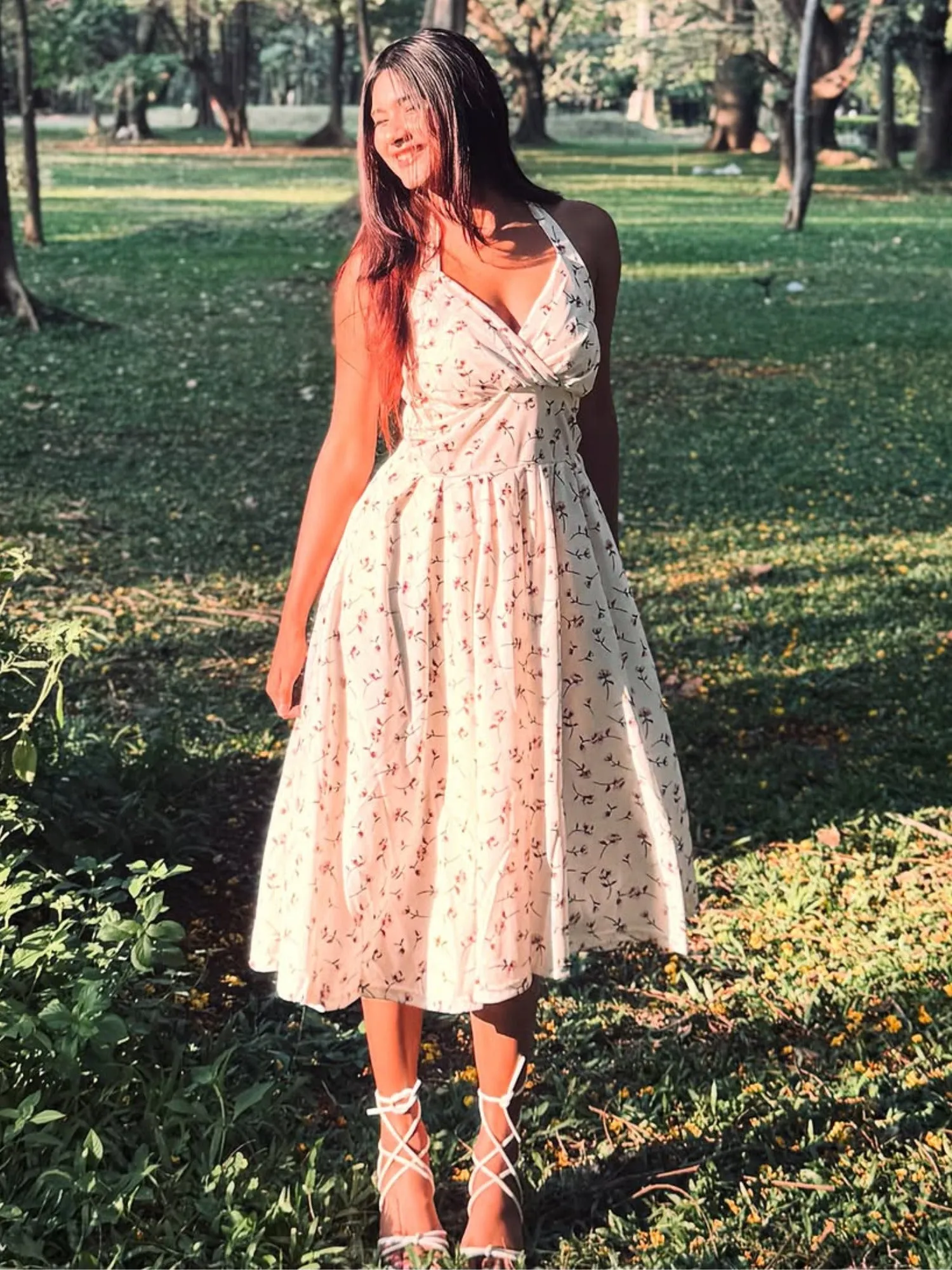 Off White Halter Dress With Floral Motif