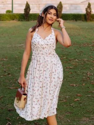 Off White Halter Dress With Floral Motif