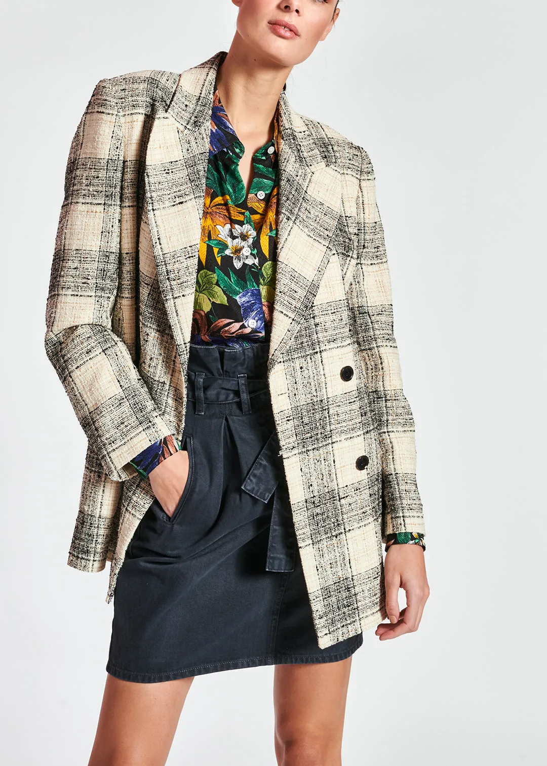 Off-white oversized checked tweed blazer