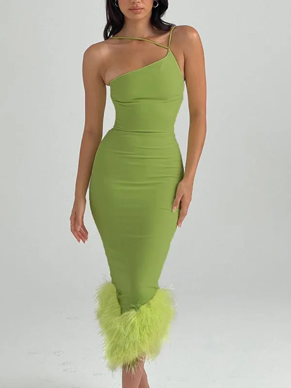 One Shoulder Halter Neck Dress with Feather Hem