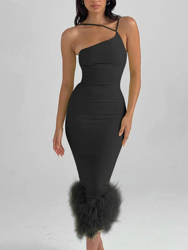 One Shoulder Halter Neck Dress with Feather Hem