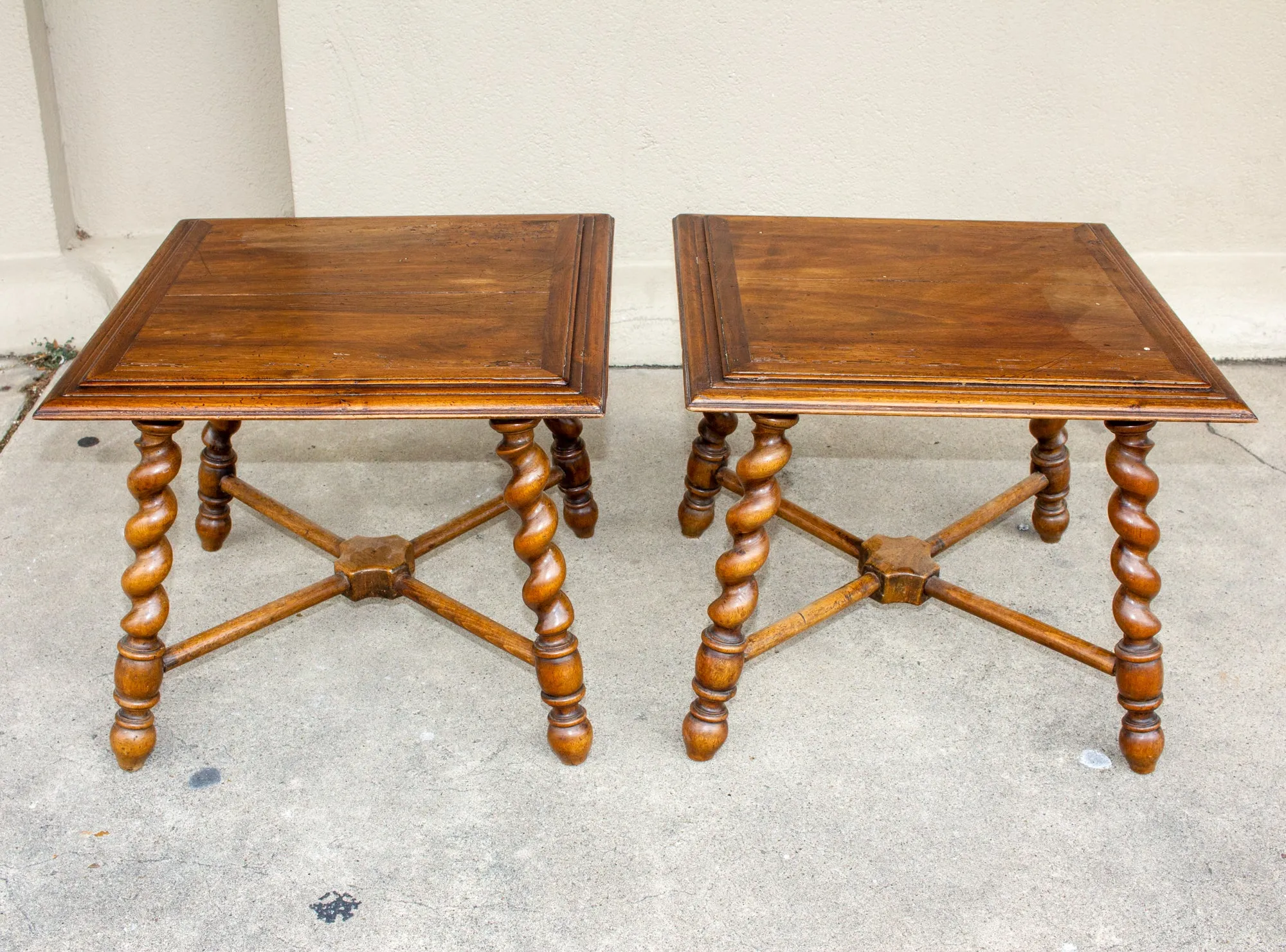 Pair of French Wood Jacobean Style Barley Twist Leg Side Tables, circa 1900