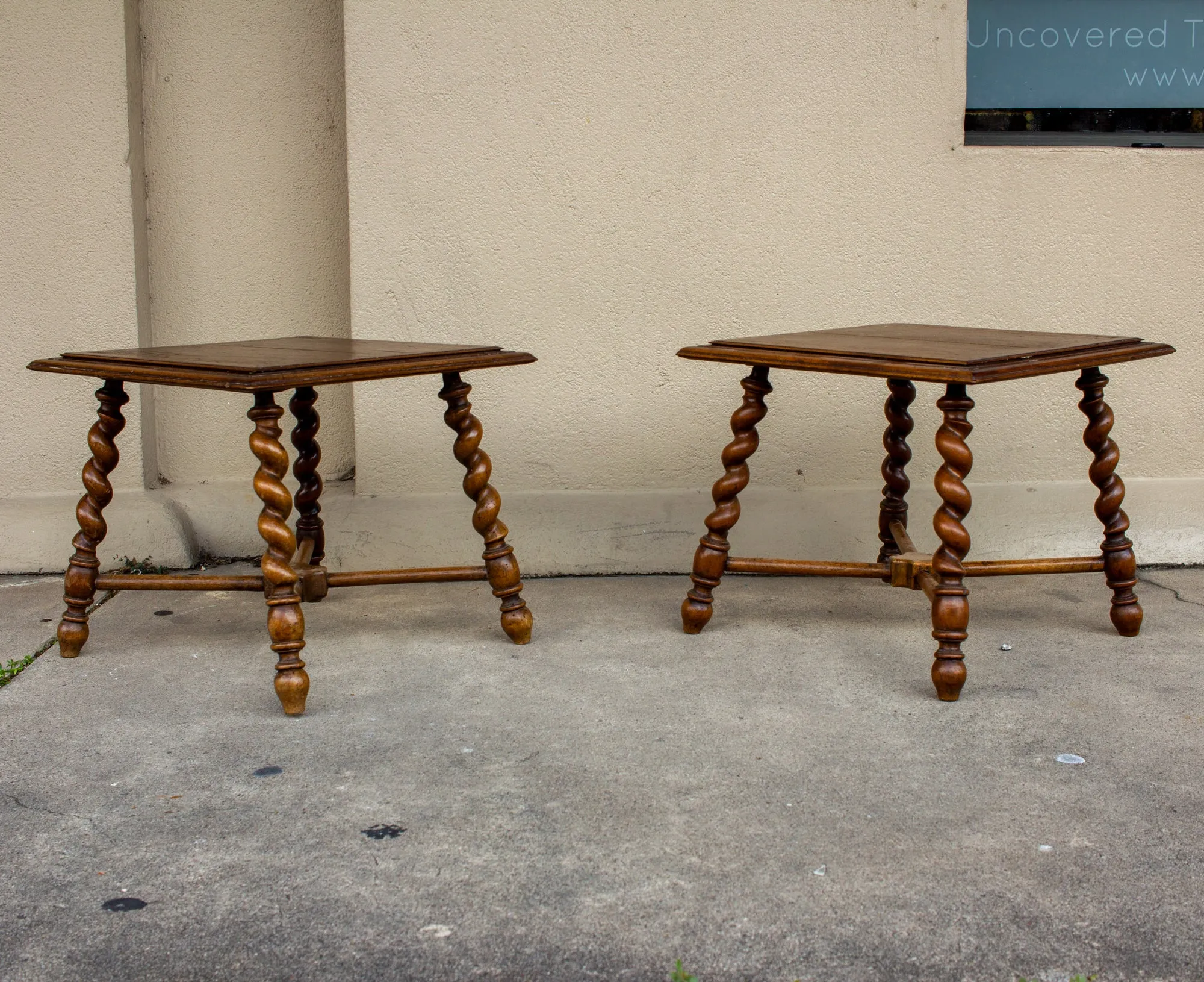 Pair of French Wood Jacobean Style Barley Twist Leg Side Tables, circa 1900
