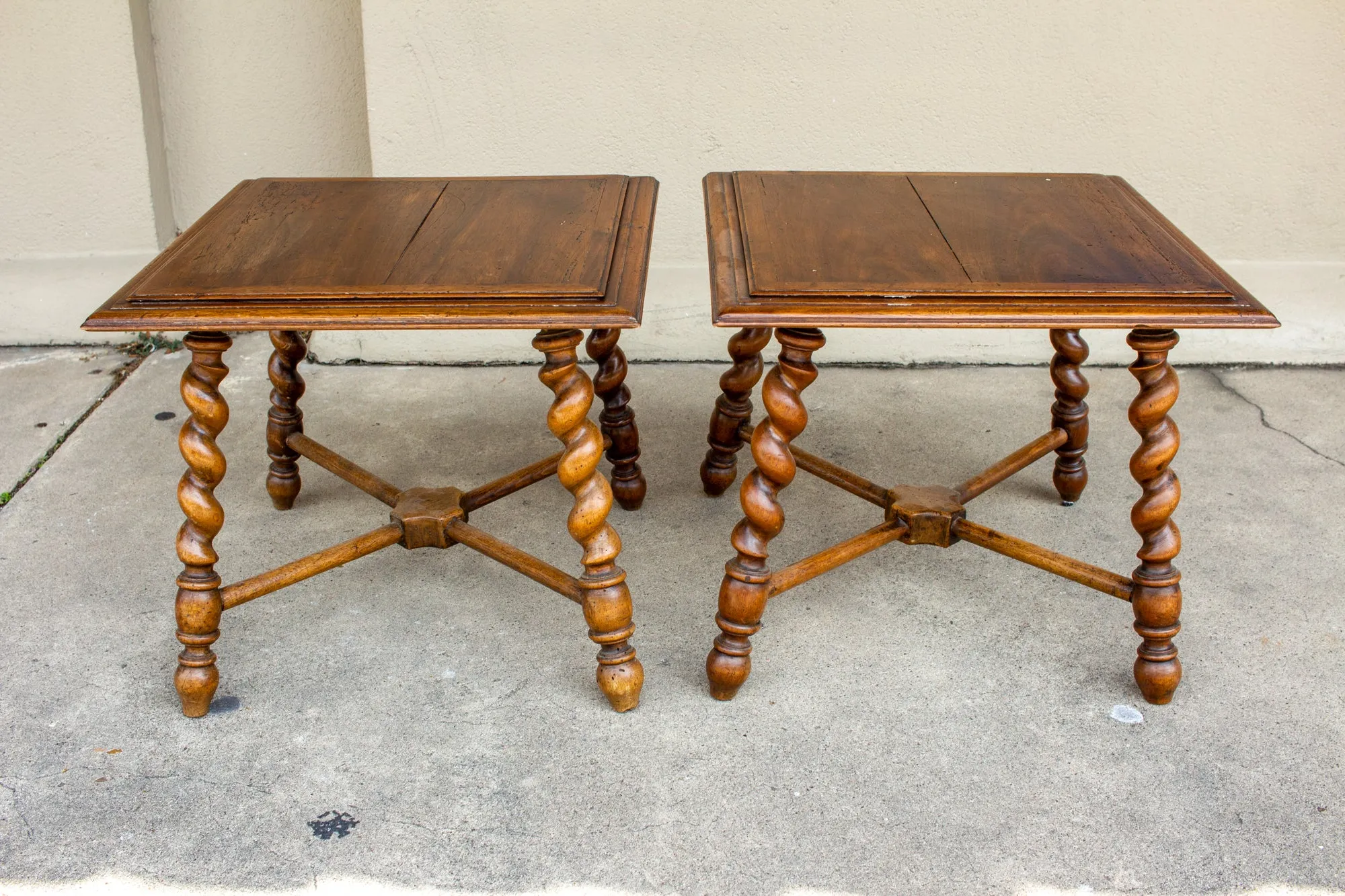 Pair of French Wood Jacobean Style Barley Twist Leg Side Tables, circa 1900