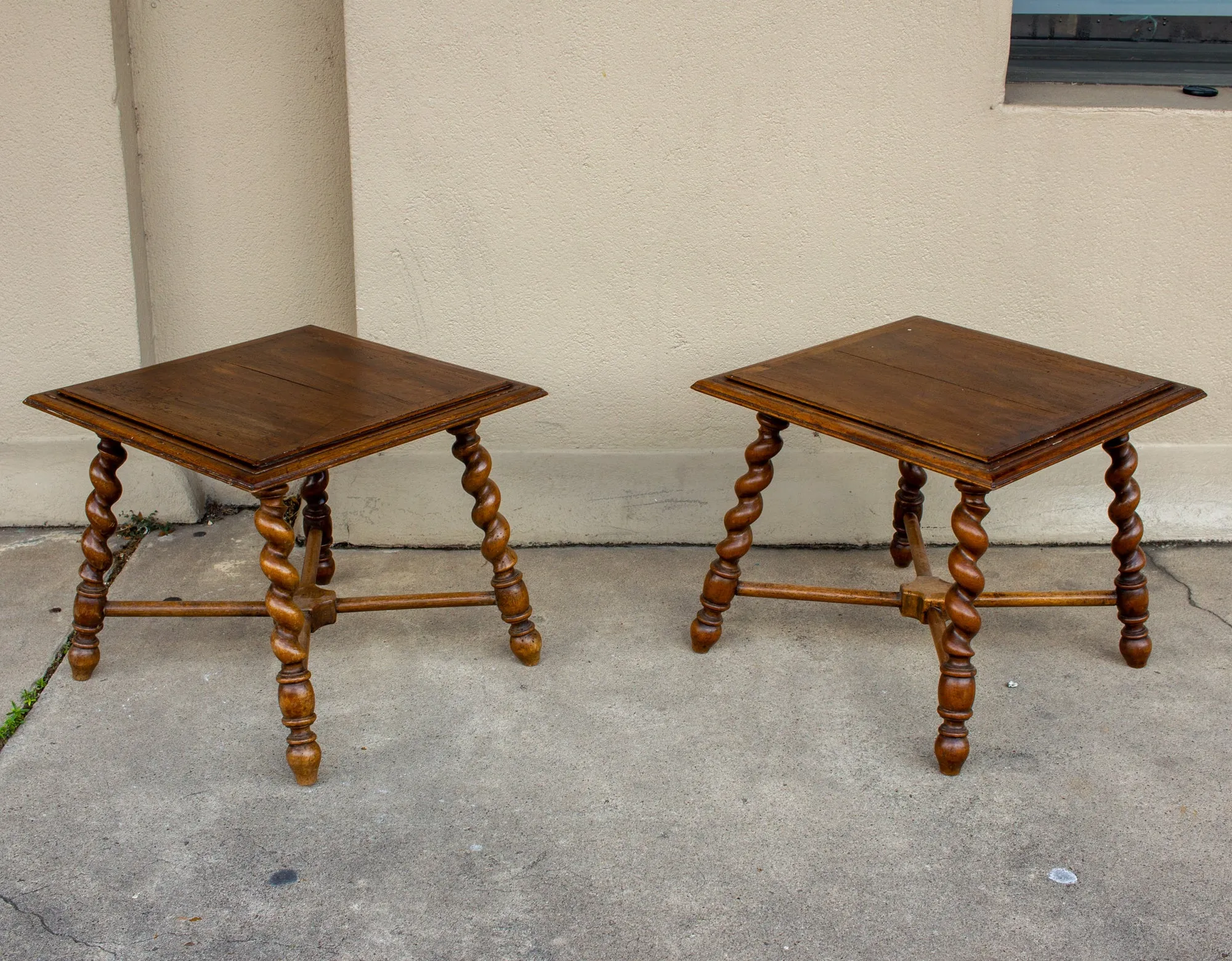 Pair of French Wood Jacobean Style Barley Twist Leg Side Tables, circa 1900