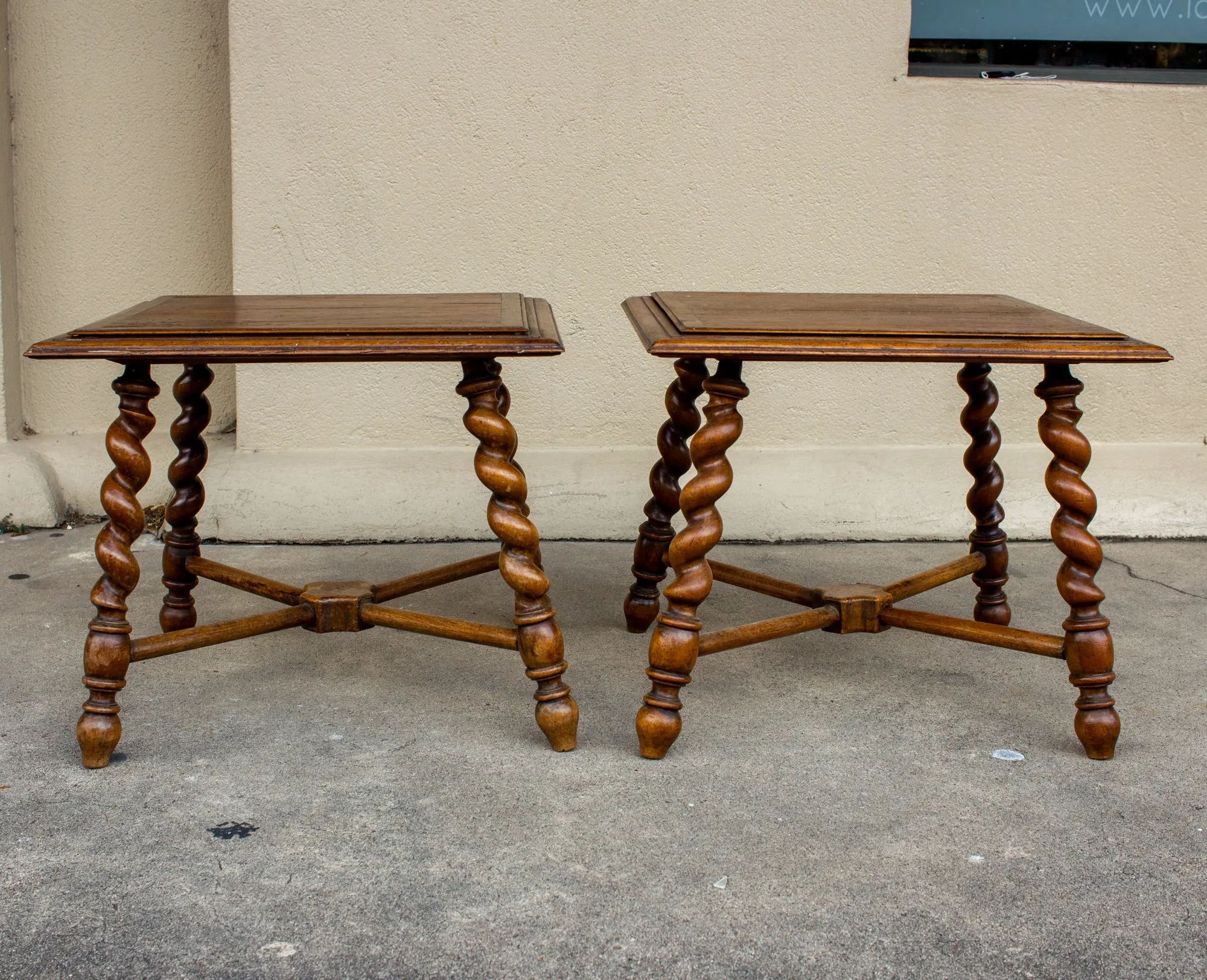 Pair of French Wood Jacobean Style Barley Twist Leg Side Tables, circa 1900