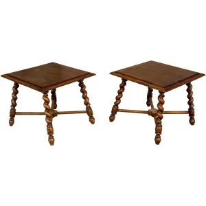 Pair of French Wood Jacobean Style Barley Twist Leg Side Tables, circa 1900