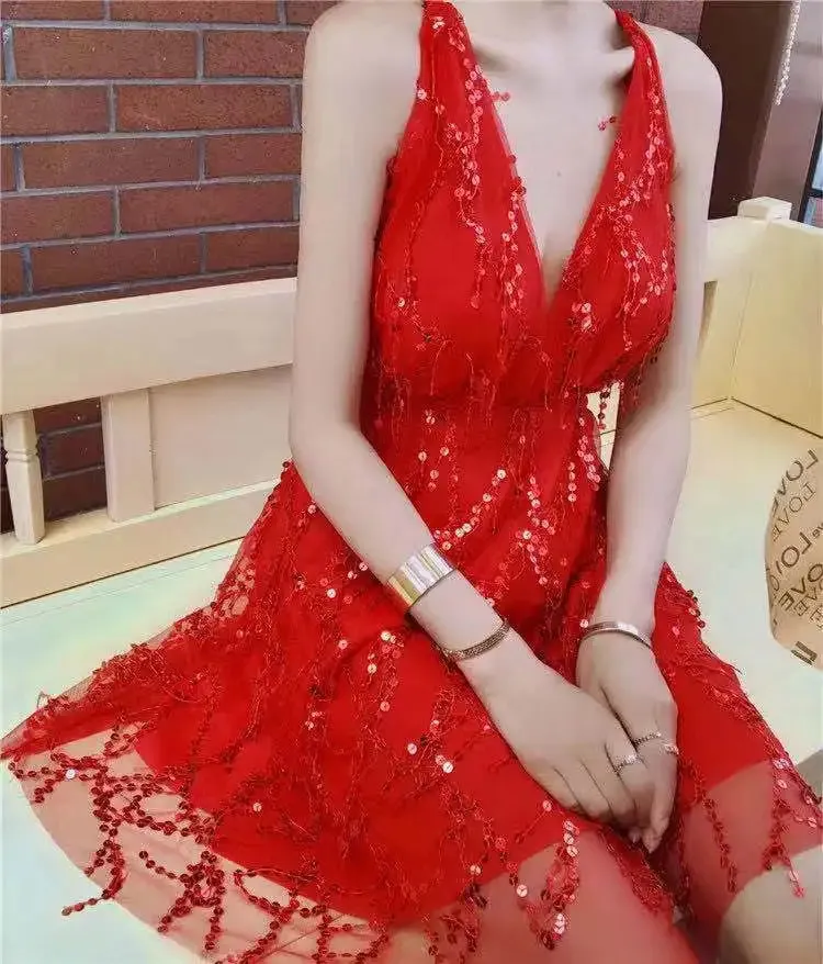 Party dresses Women Backless Halter Black Gold Mini Dress Party Tassel Summer Dress Women Club Wear