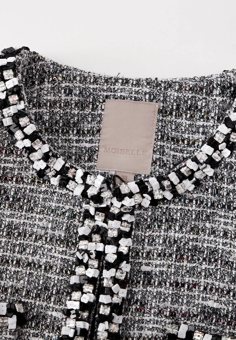 Patch-pocket Ribbed-knit Mixed Tweed Short Coat