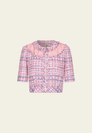 Patchwork Lace-detail Mixed-tweed Cropped Top