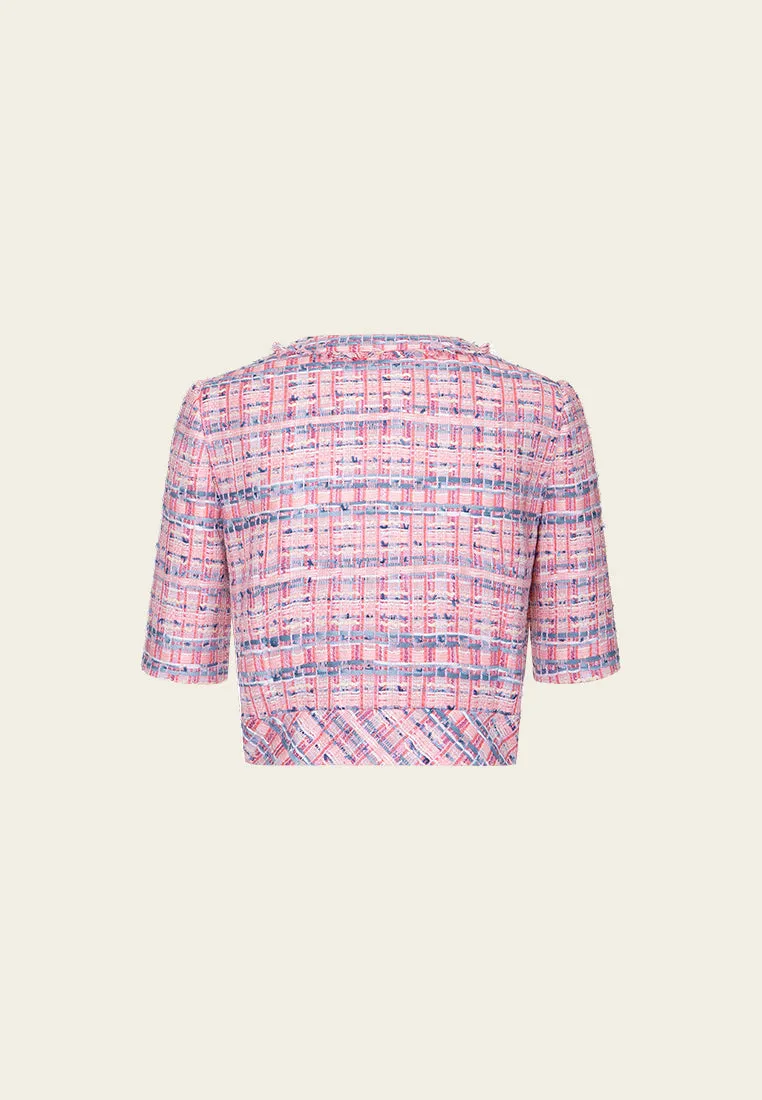 Patchwork Lace-detail Mixed-tweed Cropped Top