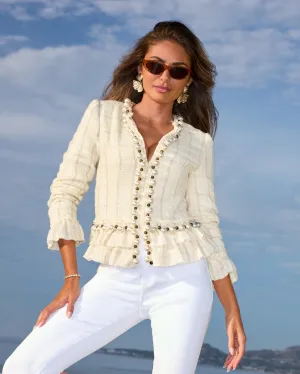 Pearl Trim Tweed Ruffle Detail Jacket Off White