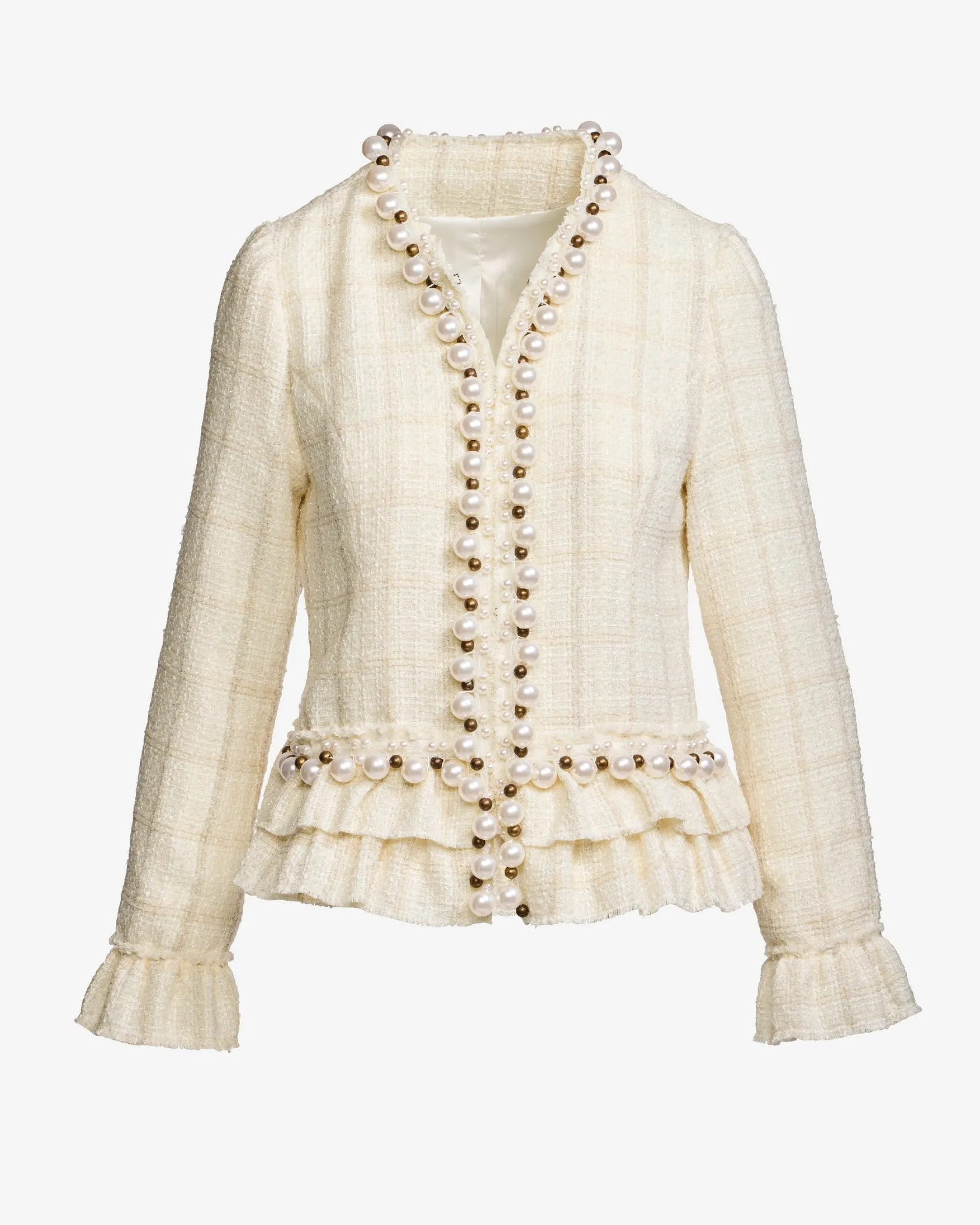 Pearl Trim Tweed Ruffle Detail Jacket Off White