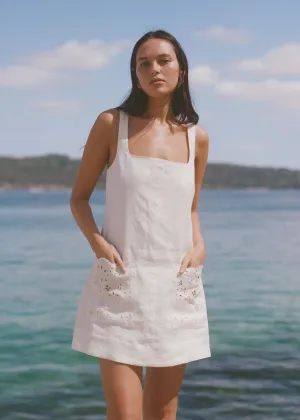 PEONY Embroidered Shift Mini Dress in Creme