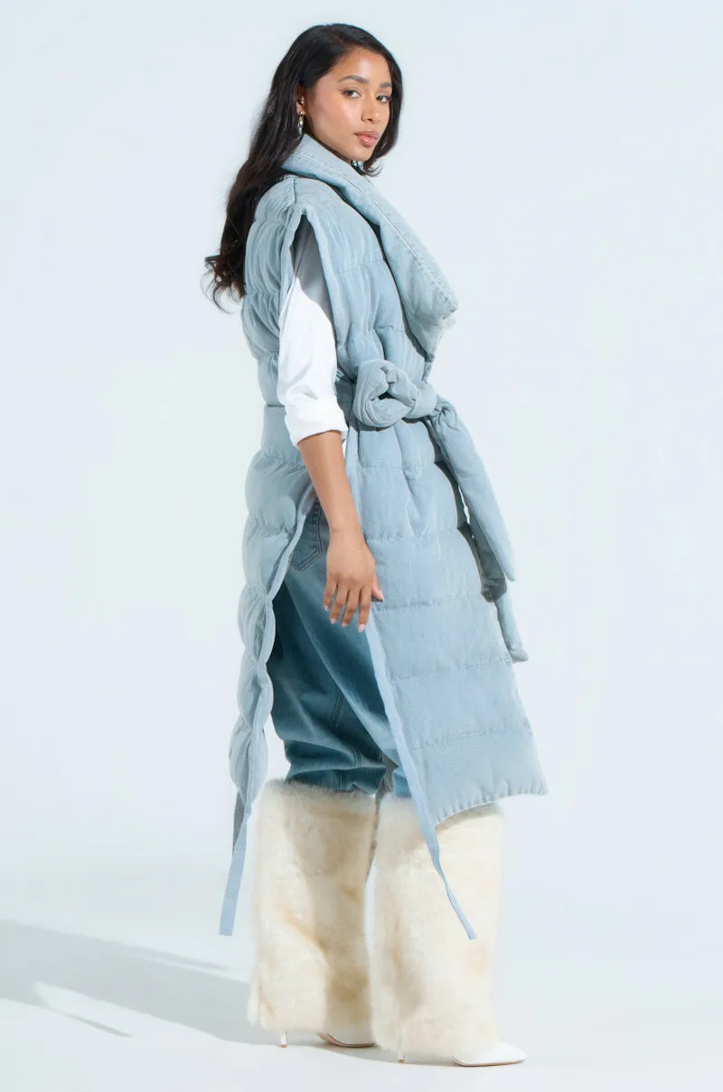 PILOT JONES LONG LINE PUFFER VEST IN DENIM