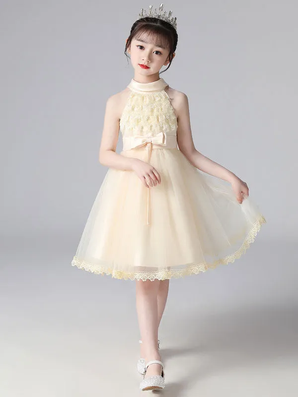 Pink Halter Neck Lace Sleeveless Short Princess Dress Bows Formal Kids Pageant flower girl dresses