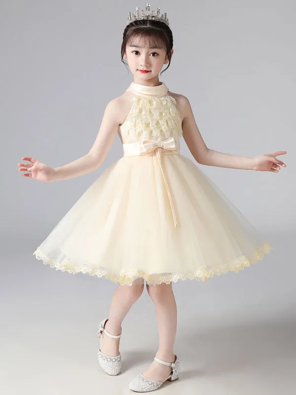 Pink Halter Neck Lace Sleeveless Short Princess Dress Bows Formal Kids Pageant flower girl dresses