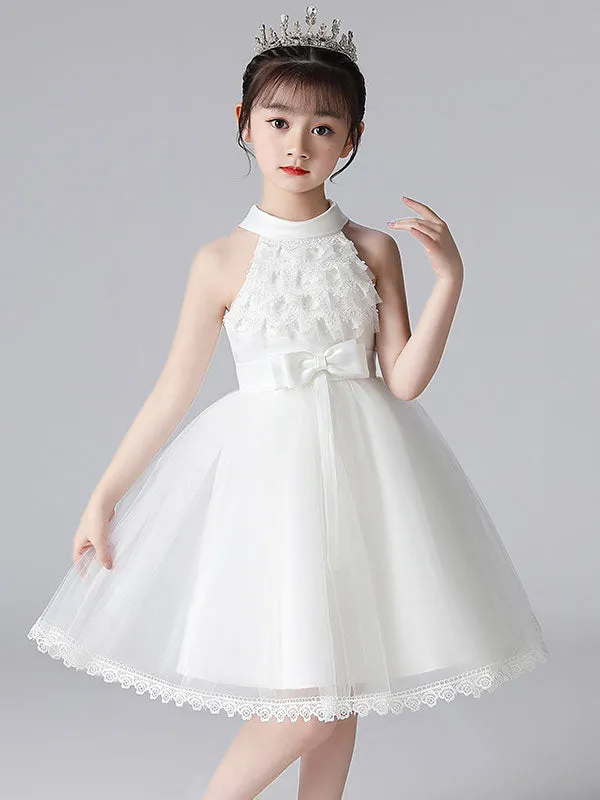 Pink Halter Neck Lace Sleeveless Short Princess Dress Bows Formal Kids Pageant flower girl dresses