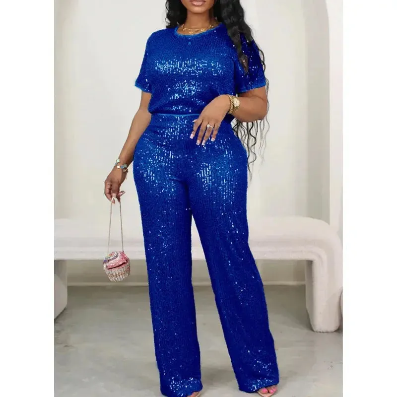 Pink Sequin Short Sleeve Top and Wide Leg Pants Set