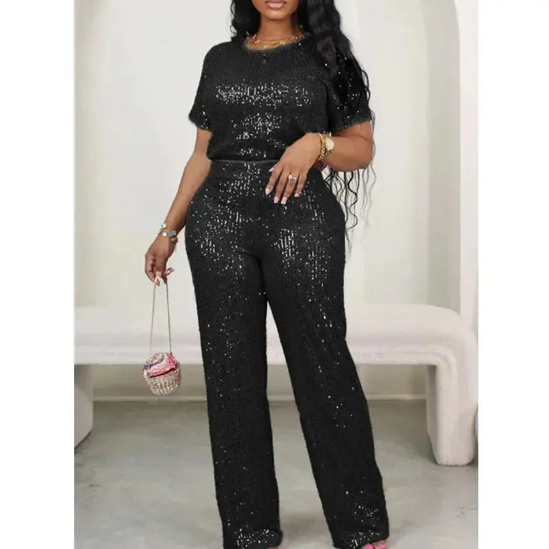 Pink Sequin Short Sleeve Top and Wide Leg Pants Set